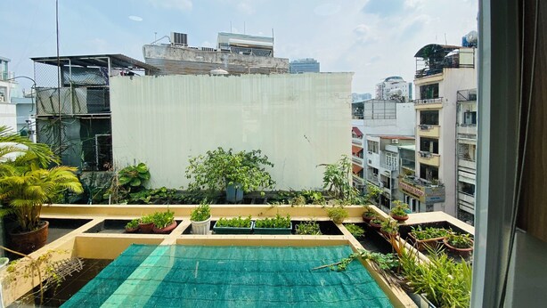 Un giardino pensile con piscina, piante in vaso e vista sugli edifici circostanti.