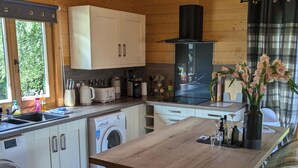 A compact kitchen with white cabinets, a washing machine, a coffee maker, and a TV. - Pet Friendly - Lodge at Riverview Holiday Park (Newcastleton)