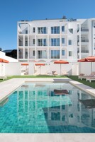 Outdoor pool, pool umbrellas, sun loungers