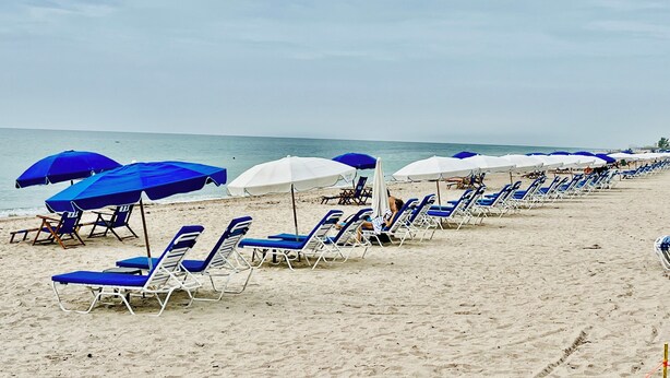Una playa con filas de tumbonas y sombrillas azules y blancas.