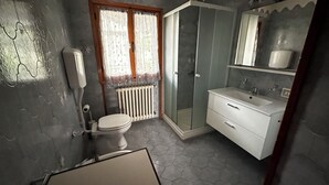 A bathroom with a toilet, a sink, a mirror, and a shower.