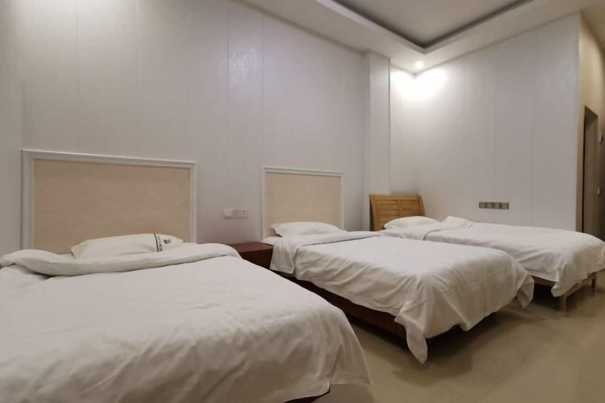 A hotel room with three single beds, a wooden headboard, and a white wall.