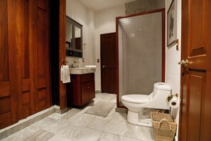 Bathroom features a shower area, toilet, and vanity with mirror.