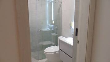 A modern bathroom with a glass-enclosed shower, a toilet, and a sink.
