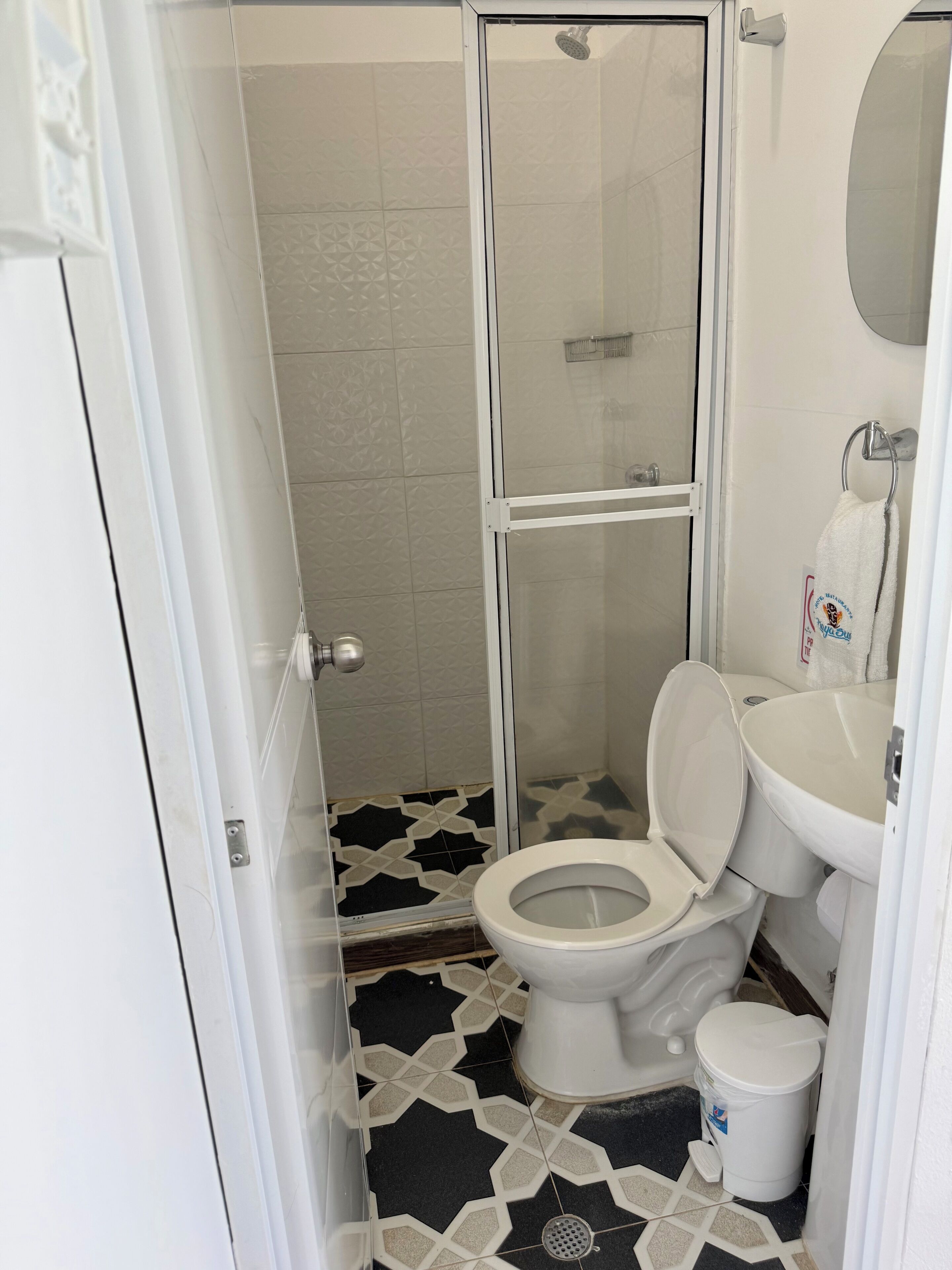 Een badkamer met toilet, hygiëneschuimer en douchecabine.