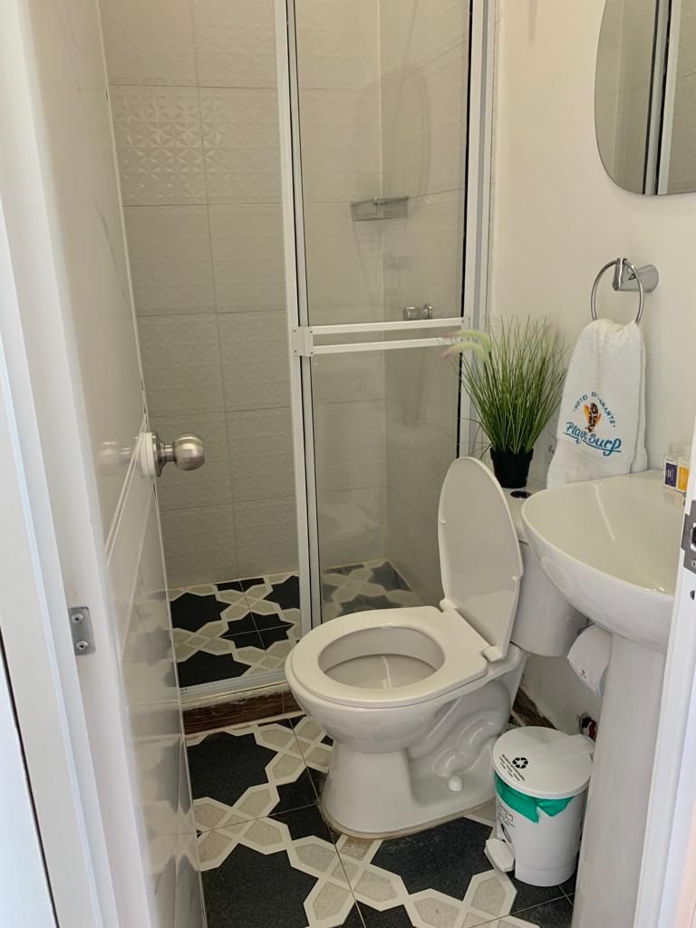 A bathroom with a toilet, a sink, a mirror, and a shower enclosure.