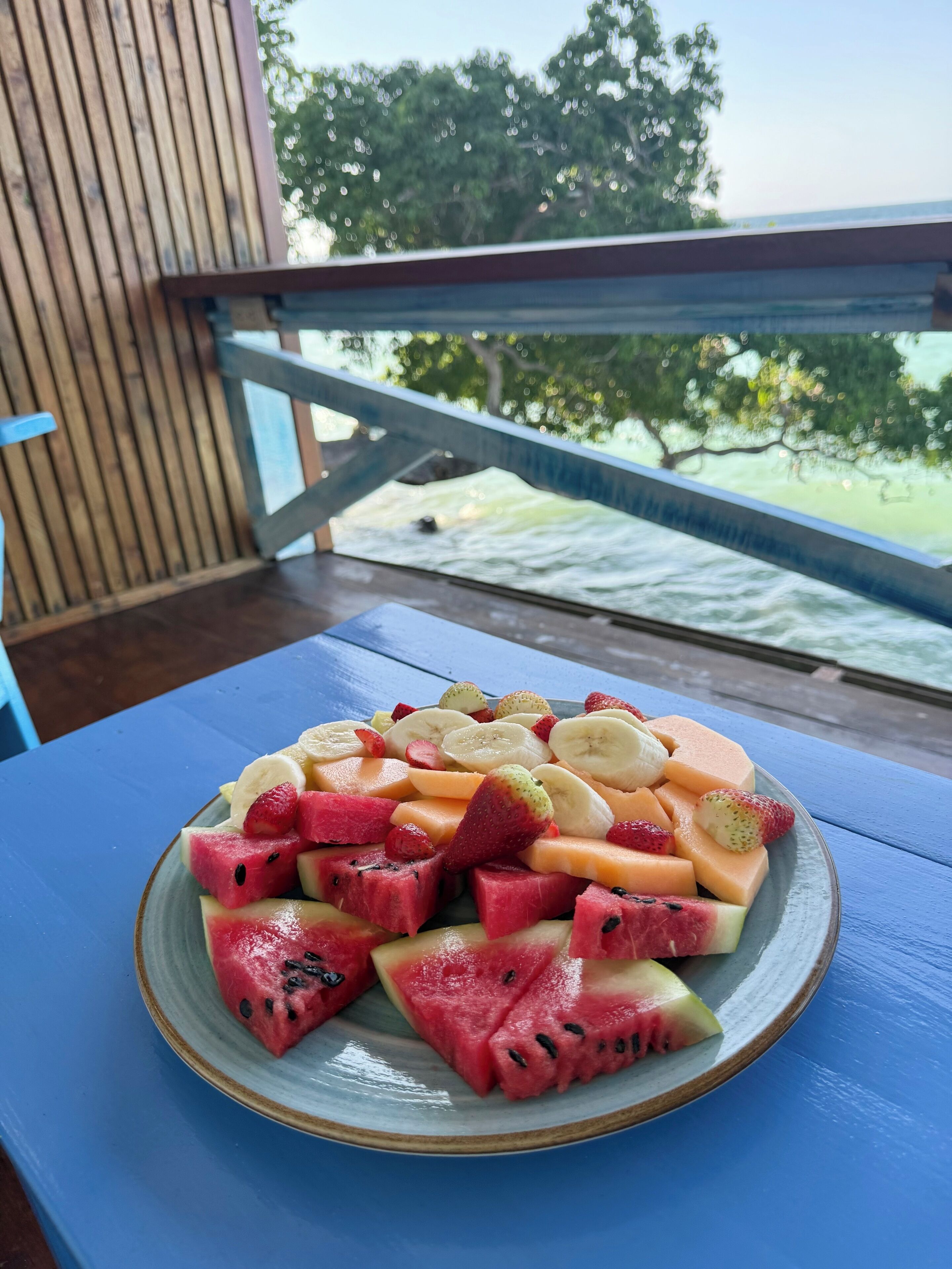 A plate of assorted fruits on a blue table in a covered outdoor area with a view of trees and a railing.