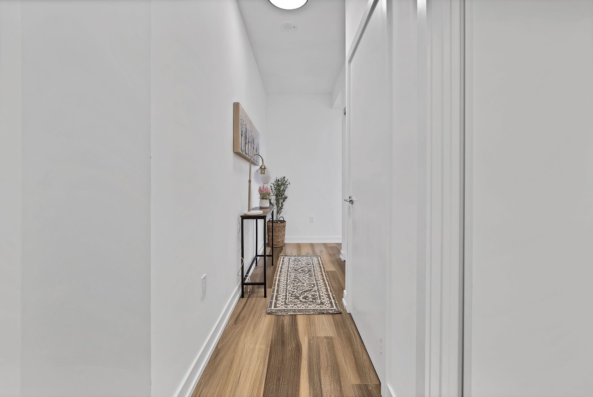 A narrow hallway with wooden flooring, white walls, a decorative rug, a small table with a lamp, and a framed picture on the wall.