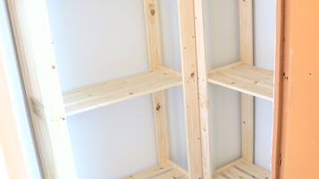 Full-size fridge, espresso maker, toaster, blender