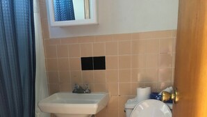 A bathroom with a sink, toilet, and a window above the sink. - Delightful Apartment in the Mountains East Durham with AC, Dogs Friendly 2 max  (East durham)
