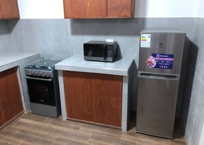 Une cuisine compacte équipée d’un four à micro-ondes encastré, d’un réfrigérateur en acier inoxydable et d’une cuisinière à gaz.
