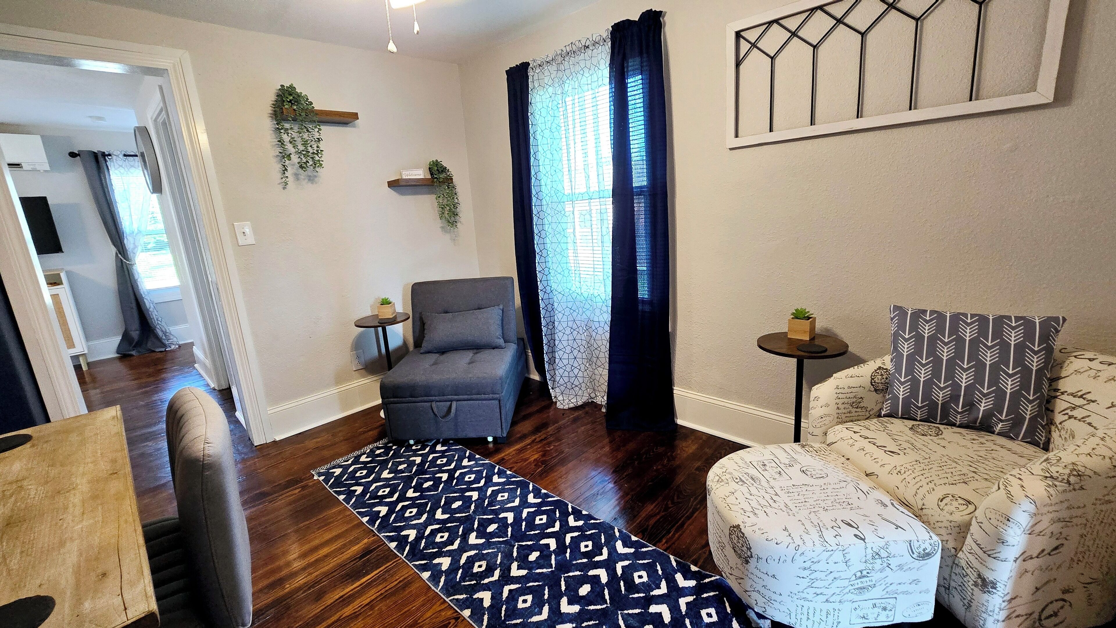 Un salon avec un canapé, un fauteuil, un tapis à motifs et une petite table sur laquelle est posée une plante.