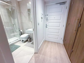 Une salle de bain moderne avec une douche à parois de verre, des toilettes et une porte blanche.