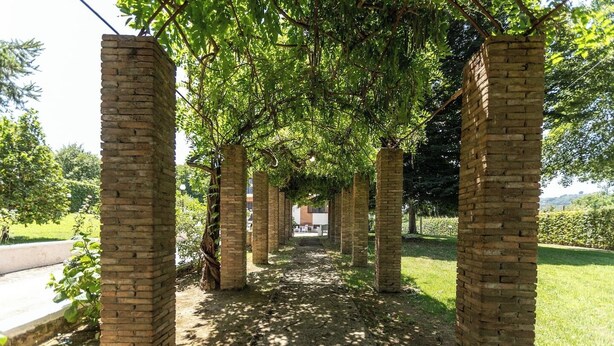 A pathway lined with brick pillars and covered by a leafy canopy. - Villangelo - Camera Matrimoniale (Aiello del Sabato)