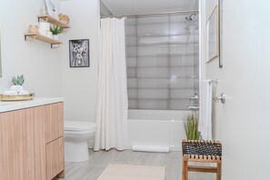 Hair dryer, towels, soap, shampoo
