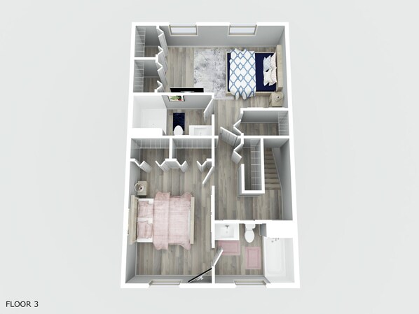 A 3D floor plan of a modern apartment with a living room, kitchen, dining area, and a bedroom.