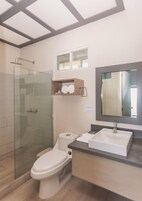 Shower, towels, soap, shampoo