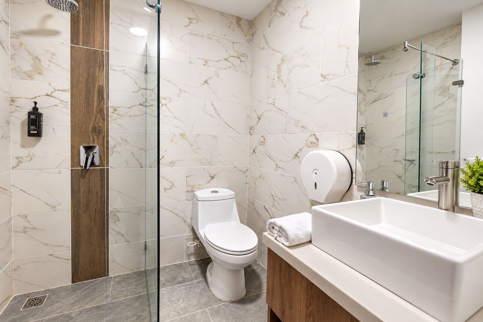 Een moderne badkamer met een glazen douchecabine, een toilet en een wastafel met spiegel.