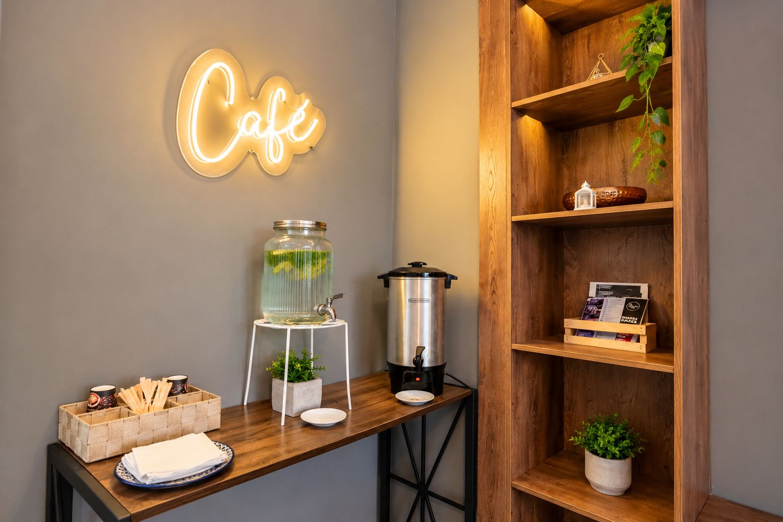 A cafe setup with a neon sign, a water dispenser, a coffee maker, and a wooden shelf with books and a plant.
