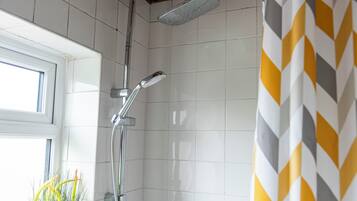 Hair dryer, towels, soap, shampoo