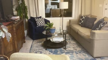 Una Smart TV, una chimenea, un reproductor de DVD, libros