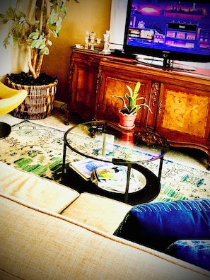 Smart-TV, Kamin, DVD-Player, Bücher