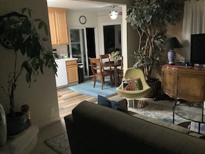 Smart TV, fireplace, DVD player, books
