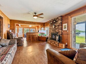 Smart TV, fireplace, DVD player, books
