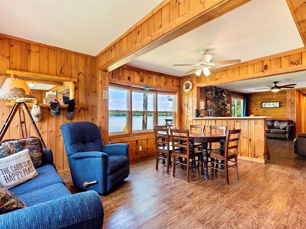 Smart TV, fireplace, DVD player, books