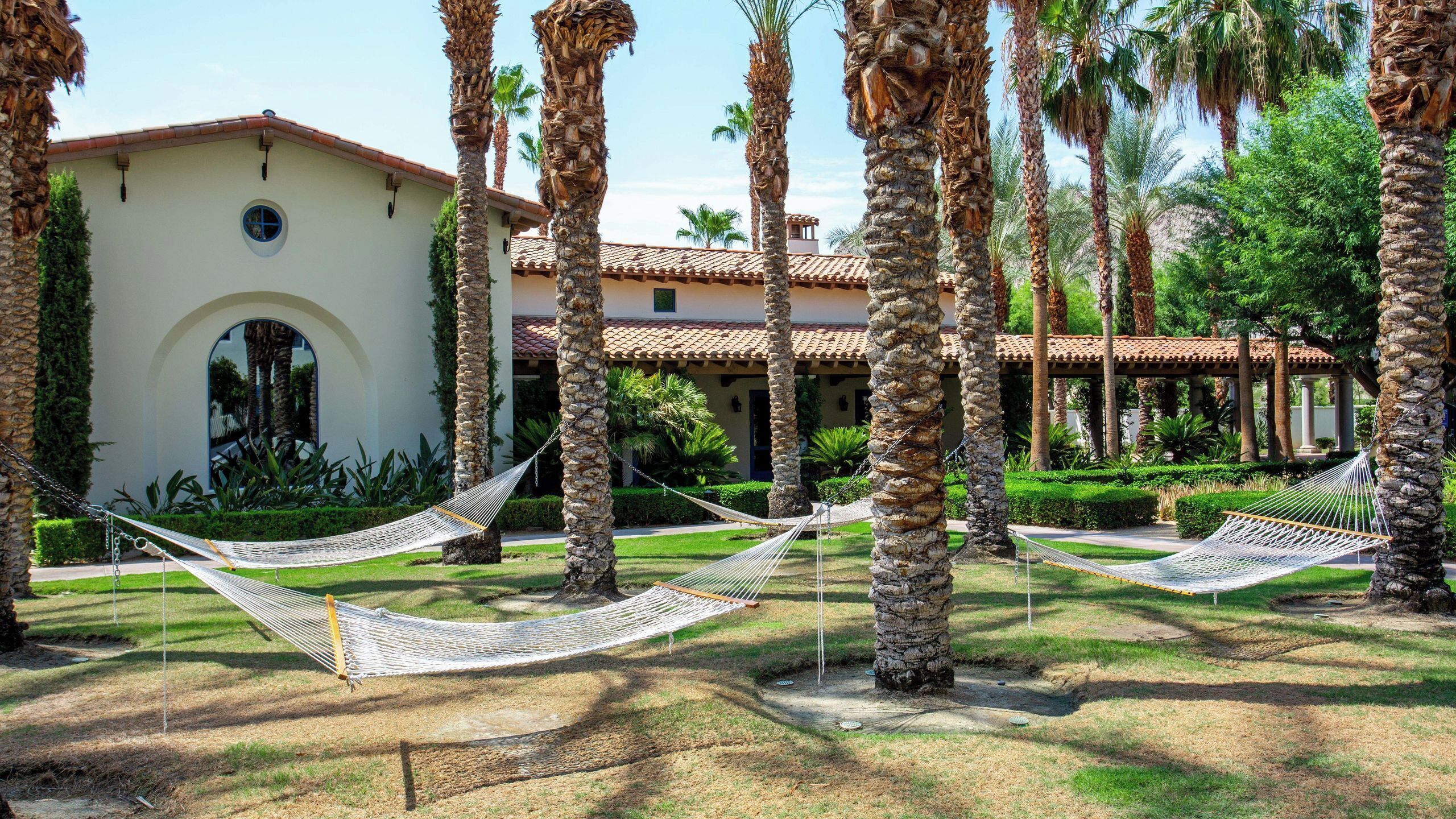 A courtyard with palm trees, a white building with a red-tiled roof, and hammocks.