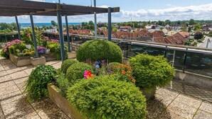 Ein Dachgarten mit verschiedenen Pflanzen und Blumen, einer Pergola und Blick auf ein Wohngebiet mit Häusern und einem Gewässer im Hintergrund.