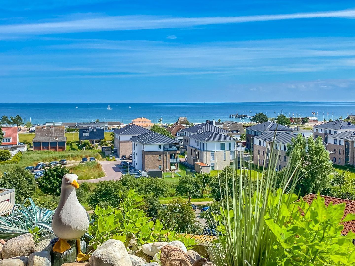 A coastal residential area with modern houses, a clear view of the sea, and a seagull on a rock.