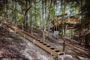 Una escalera de madera que lleva a una casa del árbol en un bosque.