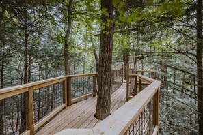 A wooden deck surrounded by trees, with a wooden railing and a netted safety barrier.