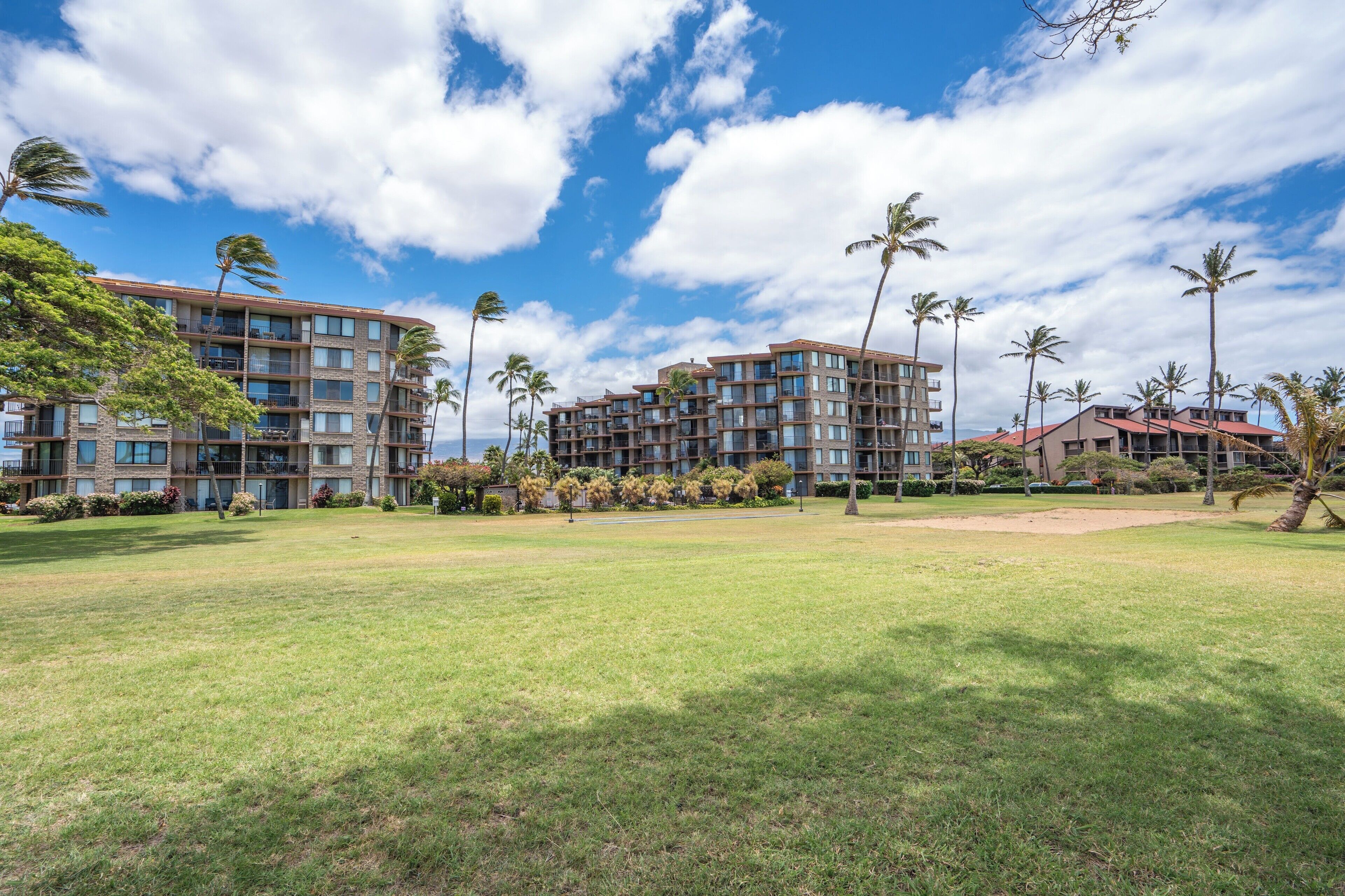 A hotel with multiple floors, a grassy lawn, and palm trees.