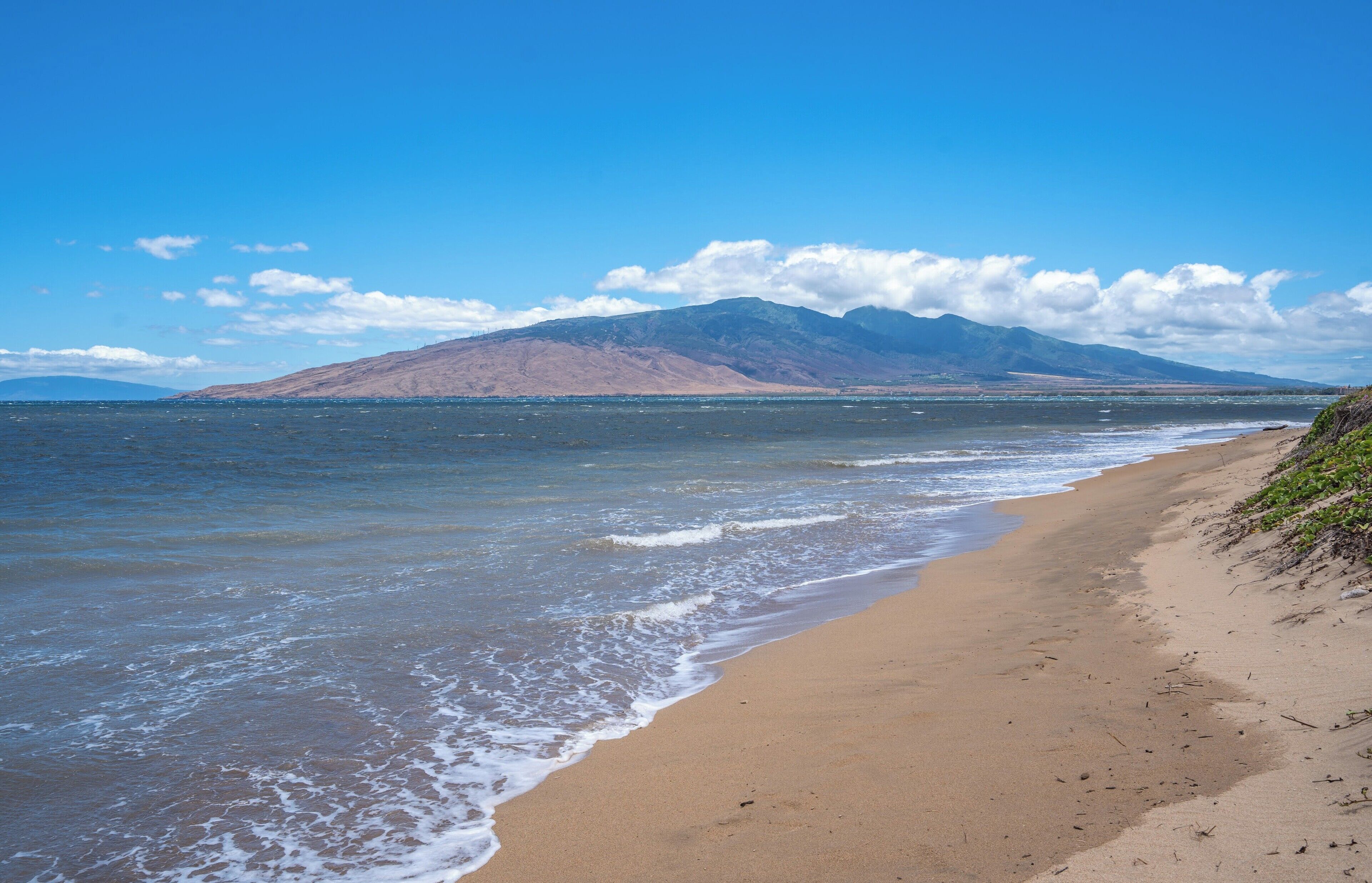 On the beach, white sand, beach umbrellas, beach towels