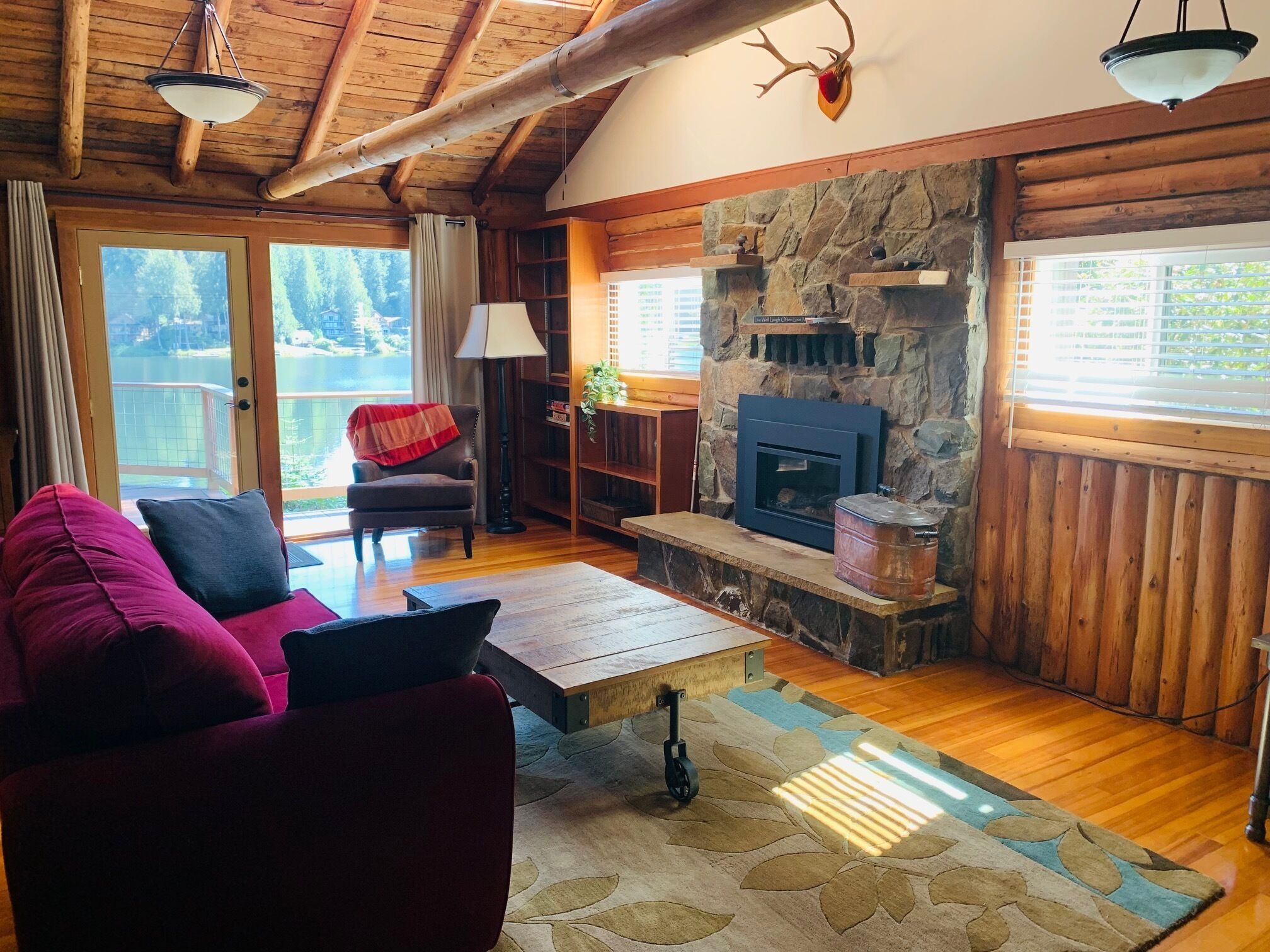 Smart TV, chimenea y libros 