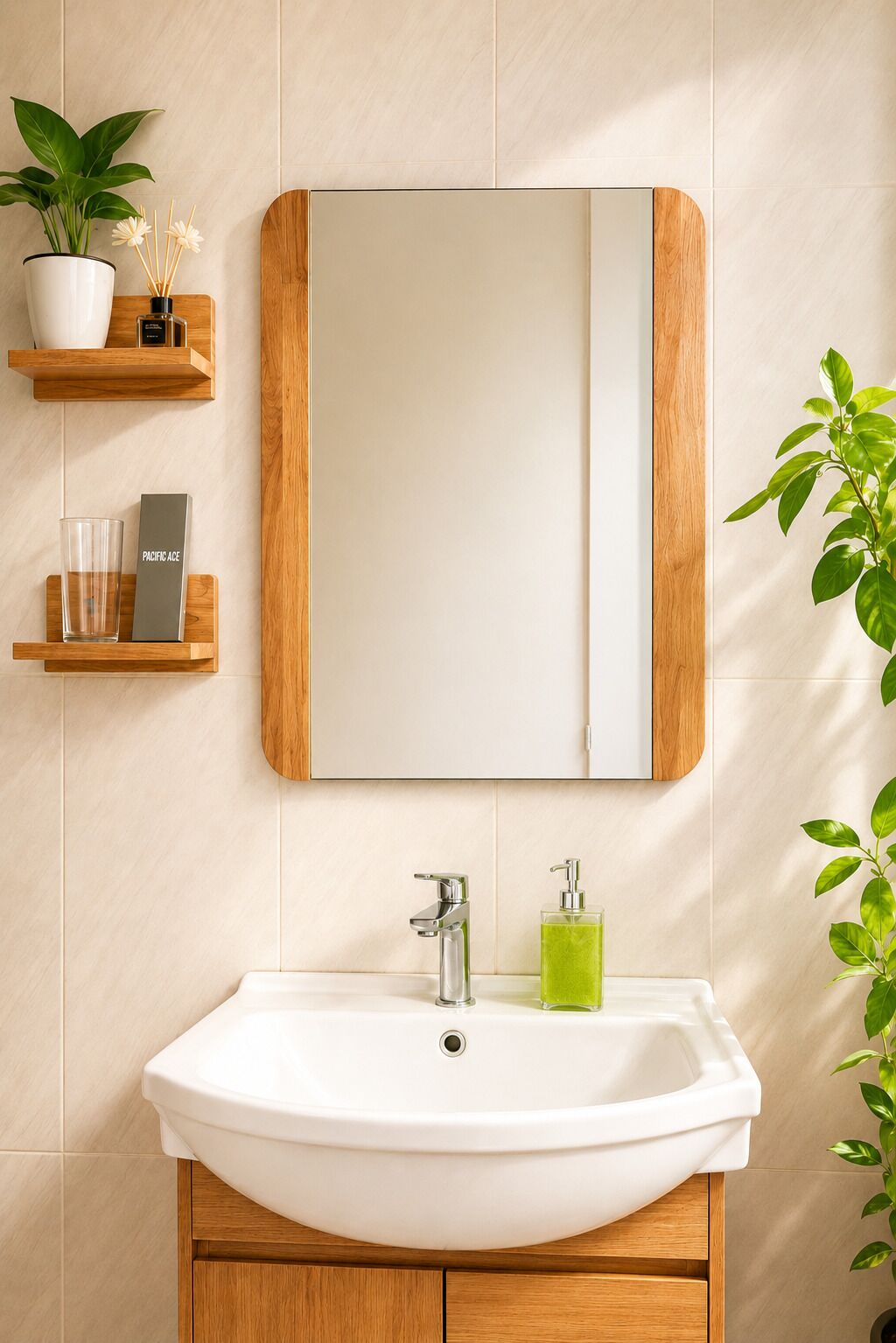 Un baño con un lavamanos blanco, un mueble de tocador de madera, un espejo y un estante con artículos de aseo.