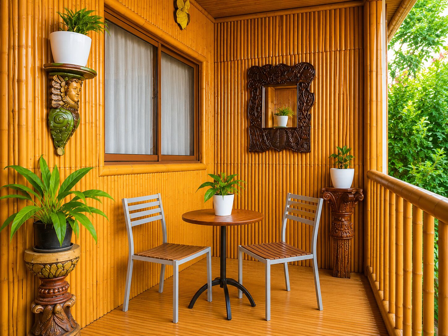 Un balcón de madera con dos sillas, una mesita y plantas en macetas.