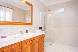 Shower, hair dryer, bidet, towels