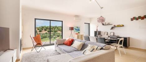 Een televisie, een open haard en boeken