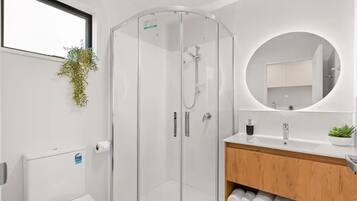 Hair dryer, towels, soap, shampoo