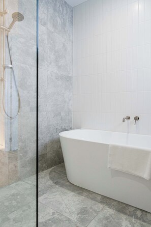 Shower, hair dryer, towels