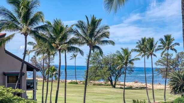 A coastal property with a lawn, palm trees, and a view of the ocean. - Hip Hawaiian Oceanfront Vistas (Kihei)