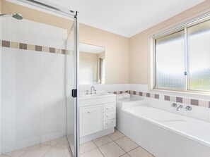 Hair dryer, towels, soap, shampoo