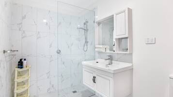 Hair dryer, towels, soap, shampoo