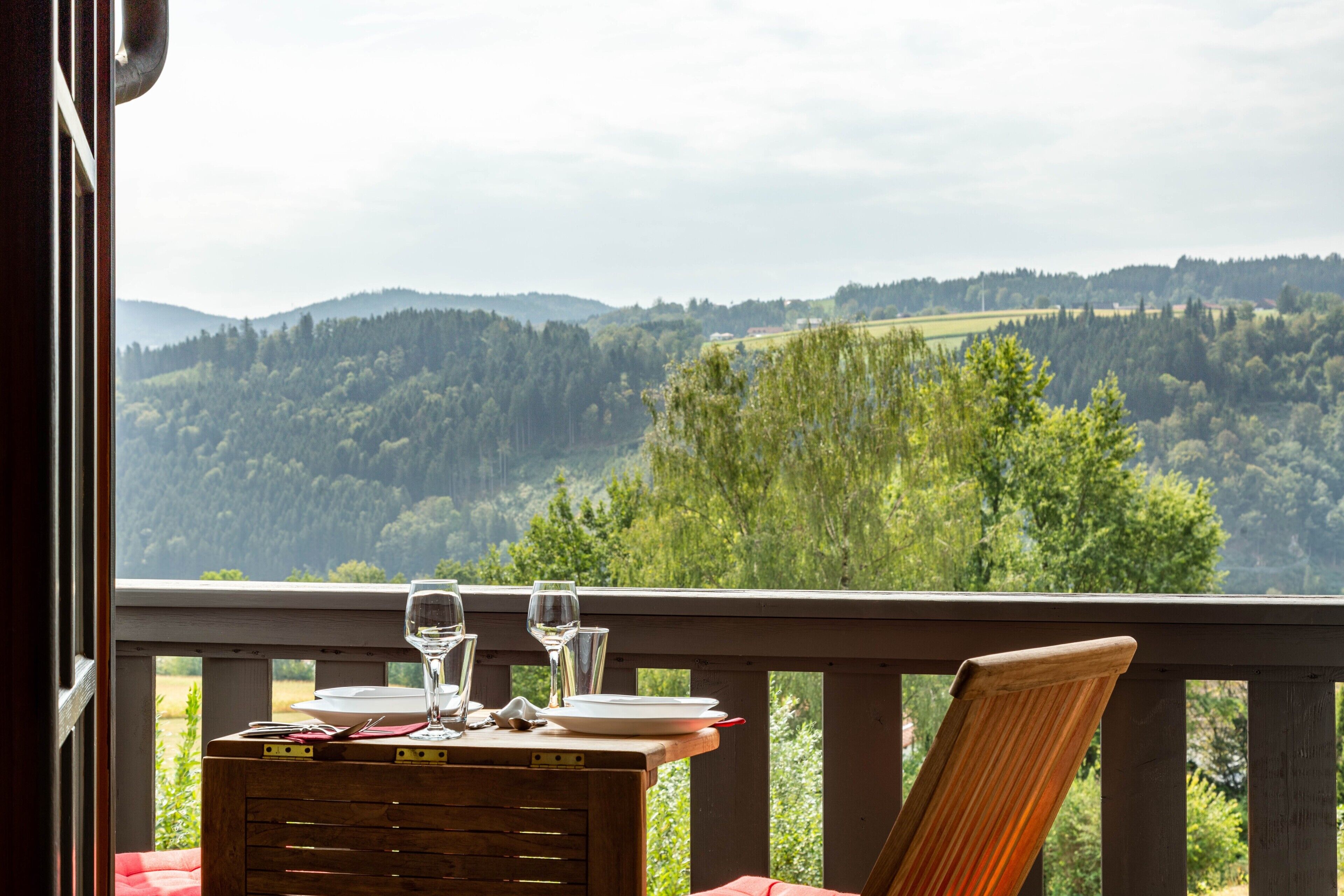 Une table à manger avec des verres et des assiettes, une chaise, et une vue sur une vallée boisée.