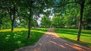 A pathway through a park with trees and grass. - Apartment 'Haslach Ground Floor' with Mountain View and Wi-Fi (Lenzkirch)