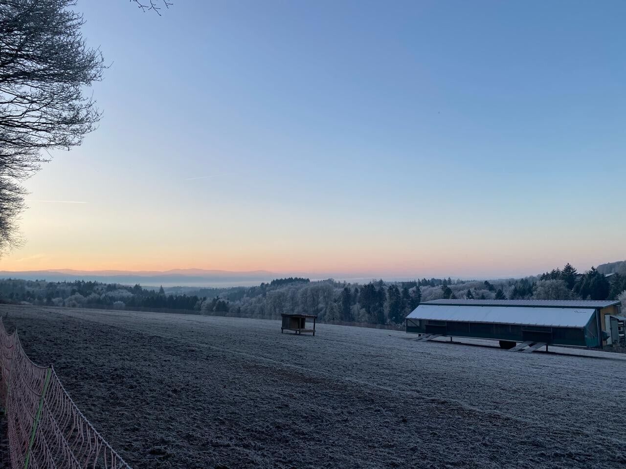 Un paysage rural avec un champ délimité par une clôture, une petite construction en bois et un bâtiment surmonté d’un toit en métal.
