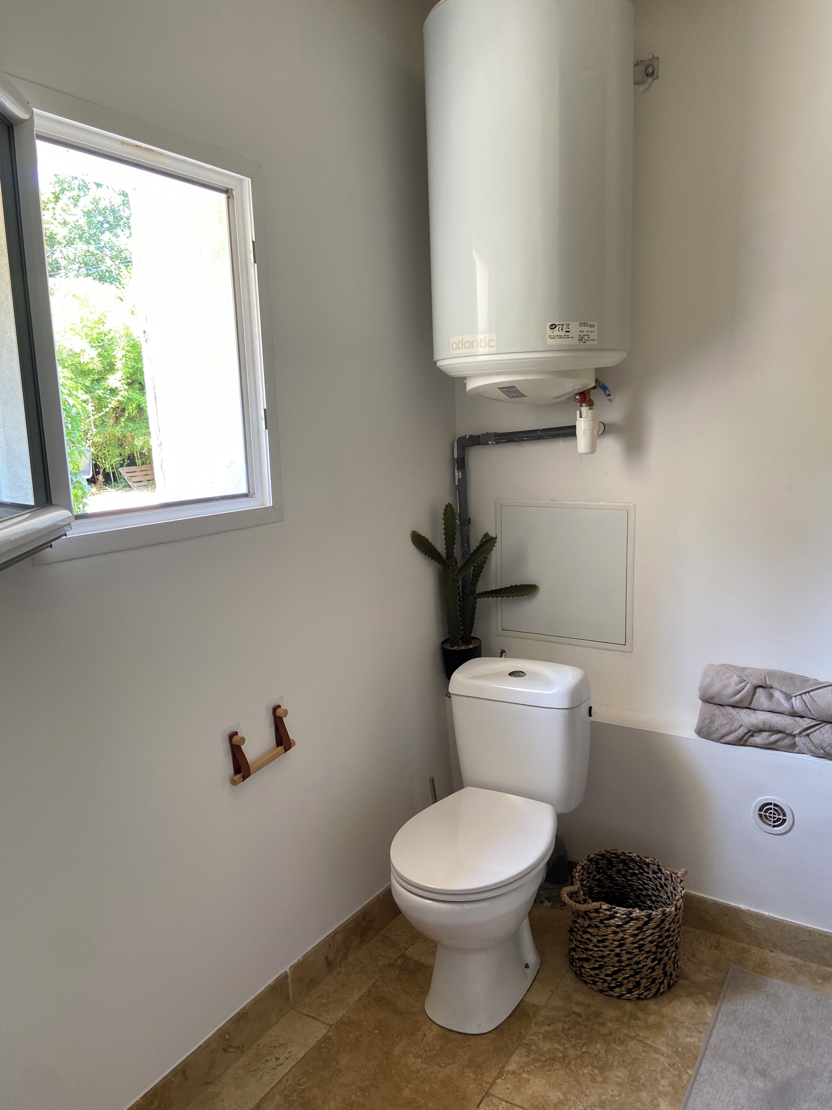 A small, clean bathroom with a toilet, a white water heater, a potted plant, and a window.
